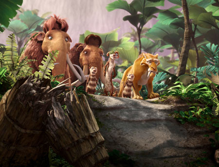 ©2009, Twentieth Century Fox Film Corporation. All Rights Reserved. (left-right) Ellie, Crash, Manny, Buck, Eddie and Diego aren't pleased with their chances of navigating the Chasm of Death. Photo credit: Blue Sky Studios