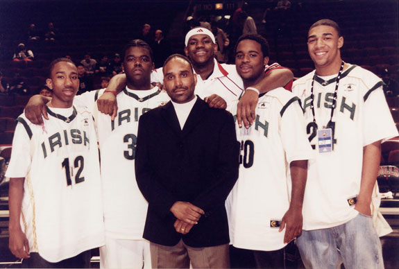 ©2009, Lionsgate The Fab Five (Dru Joyce III, Sian Cotton, LeBron James, Willie McGee and Romeo Travis) with Coach Dru Joyce II (front, center), as seen in MORE THAN A GAME. Photo courtesy of Lionsgate